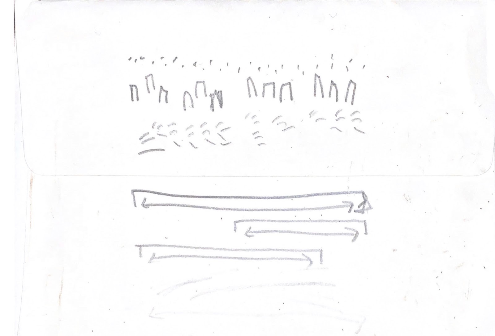The second image in a series of sound design sketches by Talia Augustidis. This image is called Queen of Dogs. Drawn on plain paper, we can see a series of rhythmic pencil markings in the top half of the image. A combination of dots, dashes and little pencil mountains layered in lines one after the other. Below we can see three horizontal arrows of varying lengths, they look as if they are marking out blocks of time.
