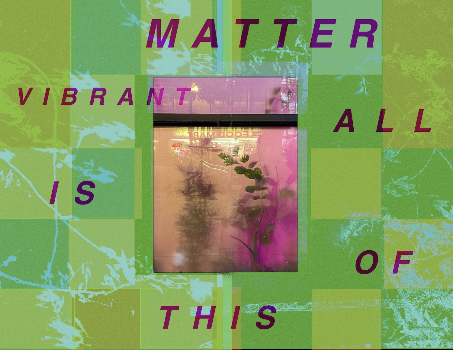 In the sixth panel of Ariana Martinez’s Not Just a Cut, we can again see the ghostly white tendrils of the plant in the background. They are overlayed with a series of green squares in varying shades. In the centre a photo of a shop window, plants pressed against the glass. The glass is foggy, as if the room is full of breath and moisture. It’s illuminated by a neon purple glow and the backwards reflected sign of the Food Mart across the street. In big, deep purple letters - words circle around the plants - All of this is vibrant matter.