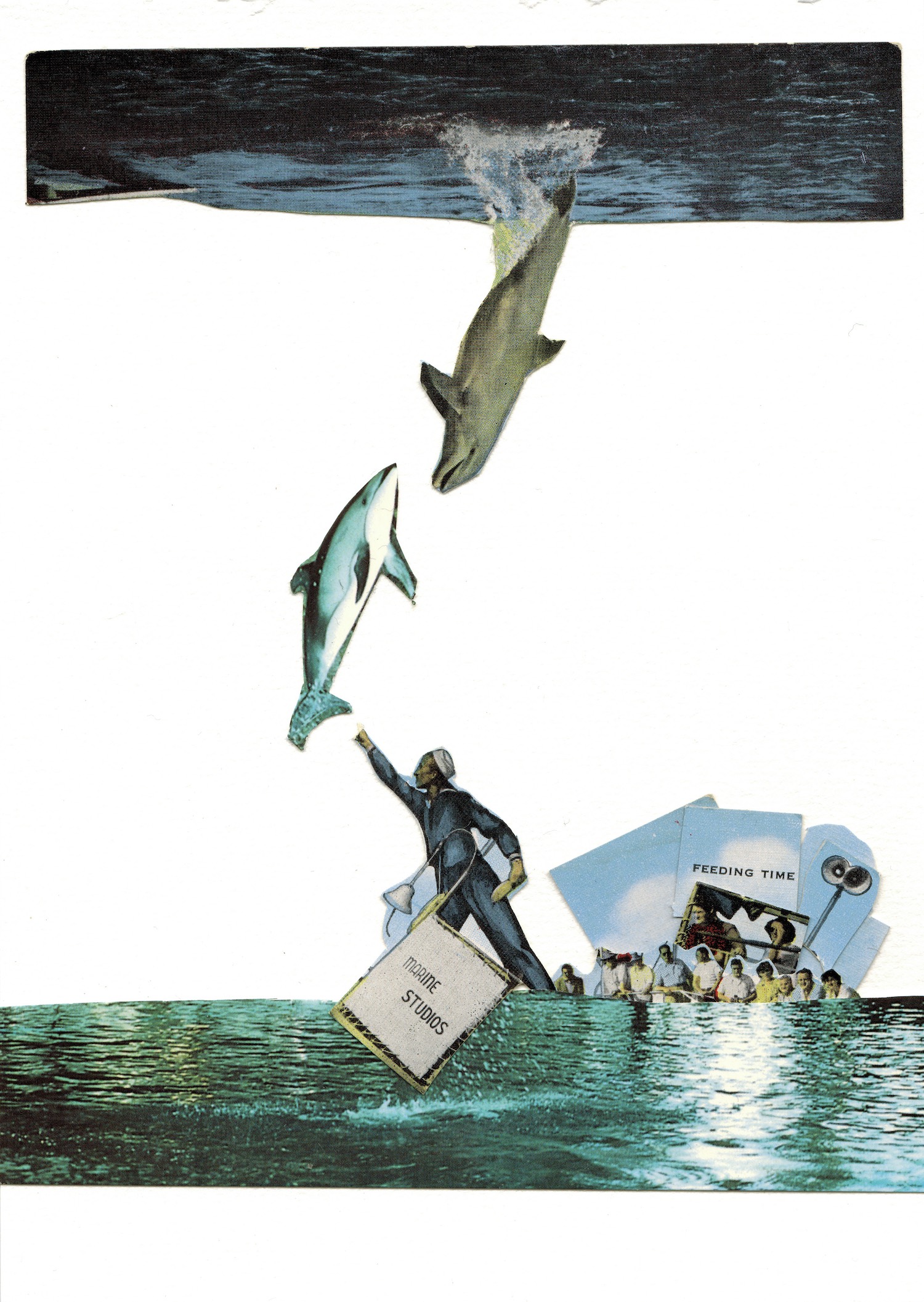 A watery collage composed of old postcards from the 1950s. There is water at the bottom of the image, which is mirrored by water at the top of the image. An upside down world, a reflection reaching out to meet the one below. At the bottom right of the image, a cluster of spectators watch on. There is a loud speaker behind them and a sign that reads, feeding time. In the foreground, rising out of the water, a sailor reaches upwards. His finger is almost touching the tail of a dolphin which is leaping upwards into the white sky. From the water above, a dolphin leaps out of the waves to meet it. Their noses close to touching in the space between worlds.