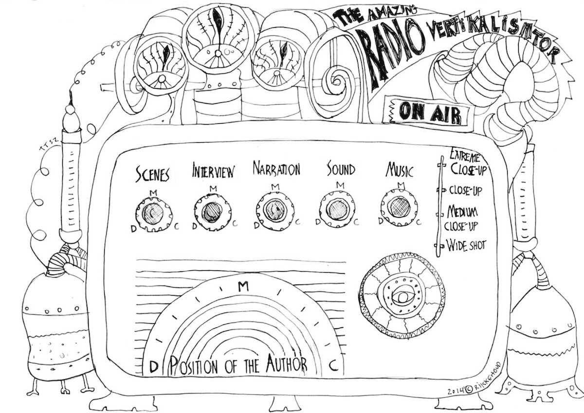 A drawing of a grand, fantastical looking contraption. Reminiscent of an old radio it has a collection of dials across its front. At its base, a rainbow like dial invites you to choose the, position of the author. Along its top, you can turn dials to adjust, scenes, interview, narration, sound and music. A sliding scale invites you to consider if you want things to be in, Extreme close-up, close-up, medium close-up or wide shot. An On Air light rests on top of the machine. It’s surrounded by whirling pipes and tubes that twist into two vats full of magical liquid at its sides. Curling along a tube at the top the heading reads, The Amazing Radio Vertikalisator