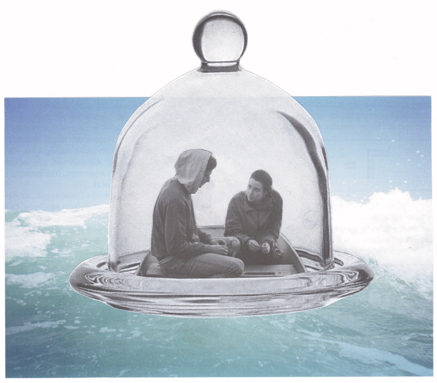 An image of two young people locked into an intense conversation with each other sits inside a glass dome. The image is in black and white but it floats across the rich turquoise of an ocean wave in the background.