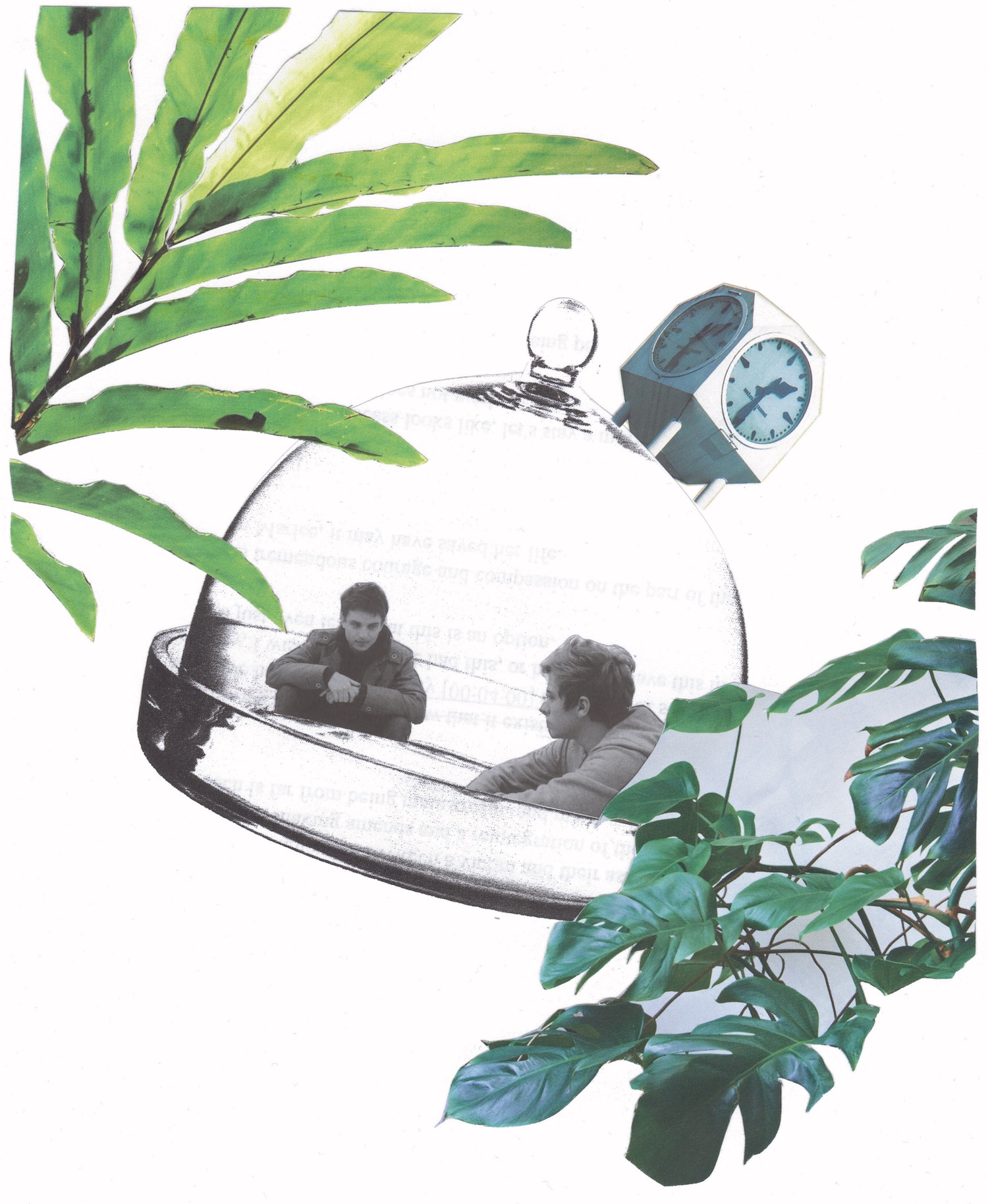 Two young men stare intently at each other, held within a glass dome. A clock sprouts from the top of the dome, the time reads half past one. Green plants sprout from either side of the image, encircling the central moment.