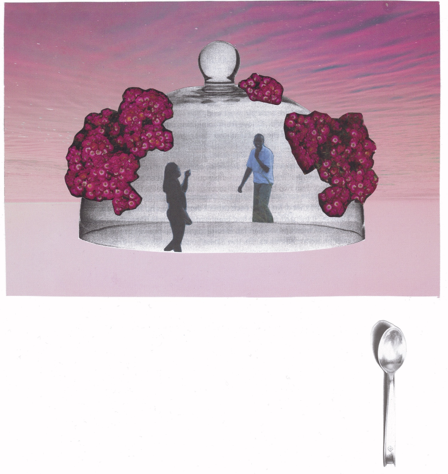 Two figures catch a glimpse of each other as they walk in opposite directions. Encircled by a glass dome, the surface of which is sprouting hot pink flowers. In the background an image with the appearance of a sunset or an upside down, hot pink seascape. Below the dome, a single teaspoon is laid out.