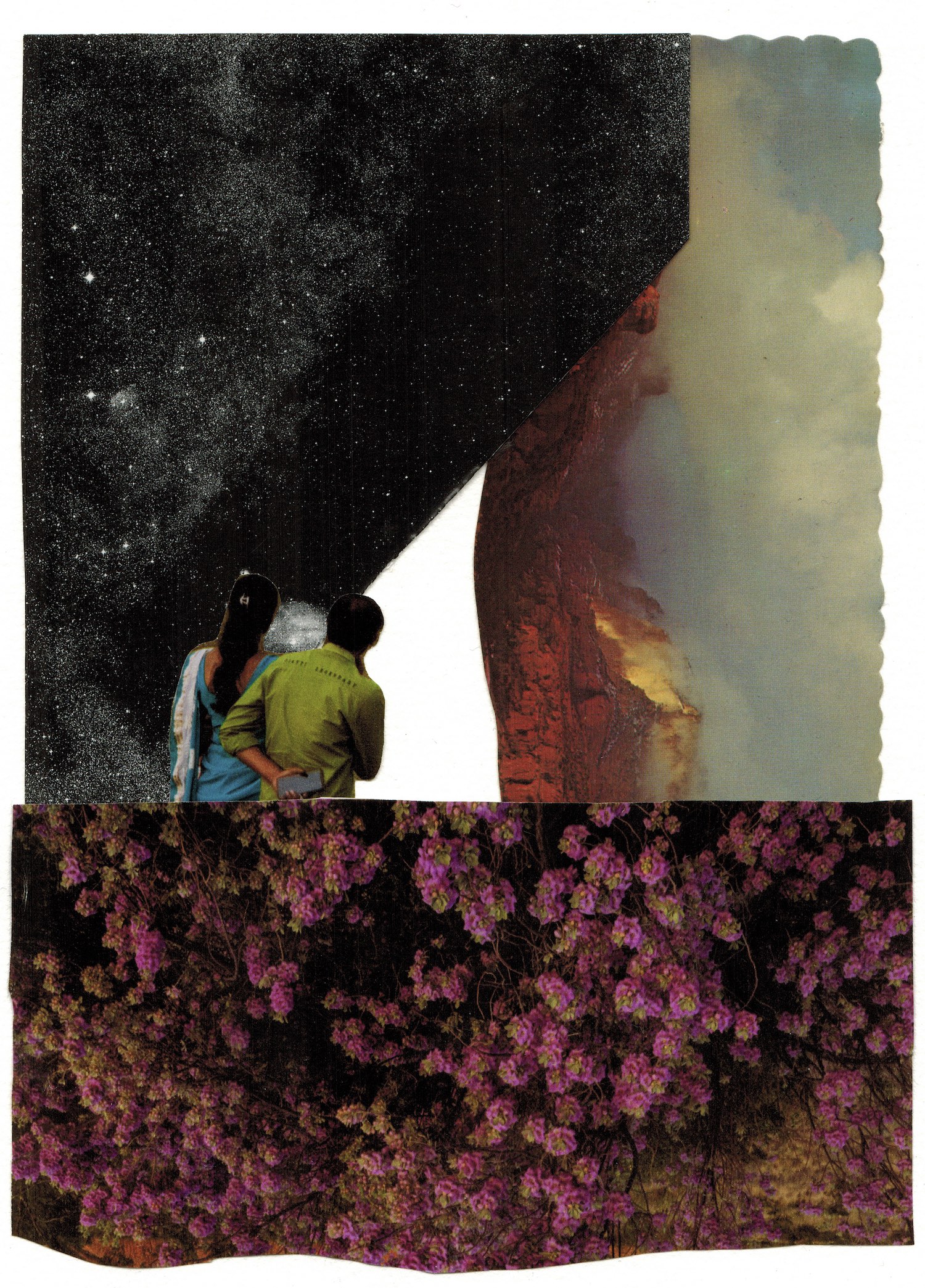 A collage of old postcards create the backdrop of this image. A wall of deep purple flowers at the base, a misty mountain-scape down one side and a curtain of stars against a dark night sky on the other. The stars are peeled back to reveal a triangle of blank space at the centre of the image. A couple stand with their backs to us, peering into the vast blankness.