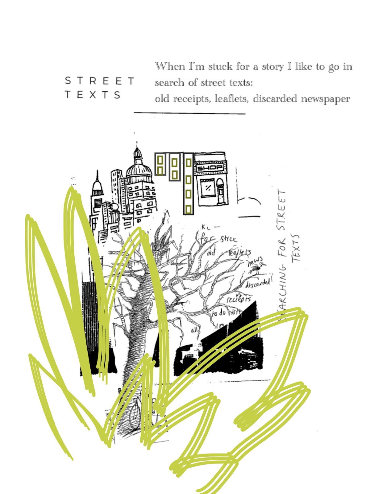 A collage essay from Phoebe McIndoe. The title reads, Street Texts. A city skyline is overlayed by a gnarled, wintry tree, it’s leaves bare. A green zigzag marking scrawled across its surface and a handwritten note, “Searching for Street Texts”. Writing in the top right corner says, When I’m stuck for a story I like to go in search of street texts: old receipts, leaflets, discarded newspaper.